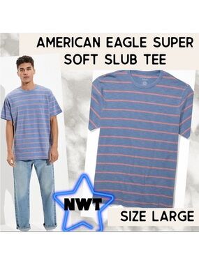 American Eagle Blue Pink Super Soft Striped Slub Tee - L